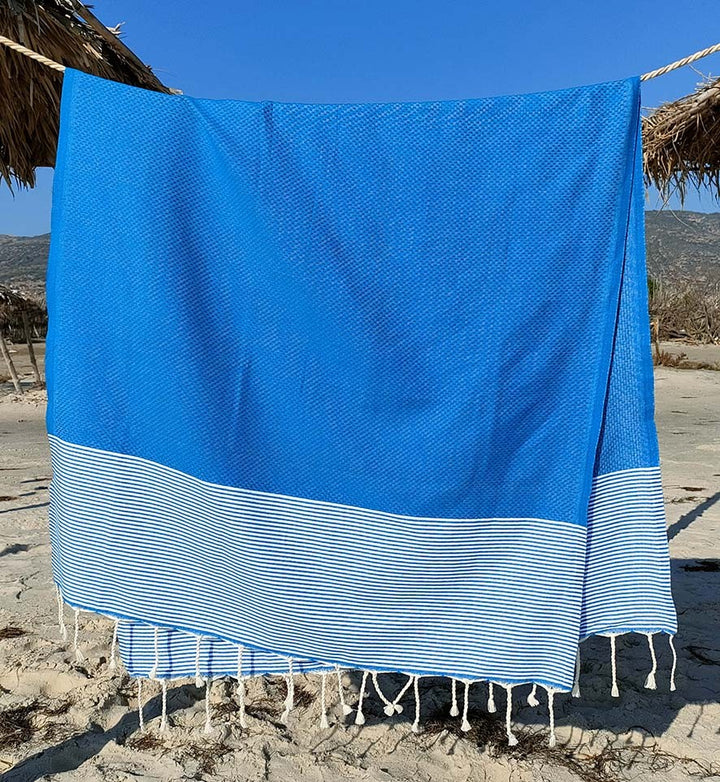 FOUTA NID D'ABEILLE Bleu électrique rayée blanc Fouta Tunisia - 3