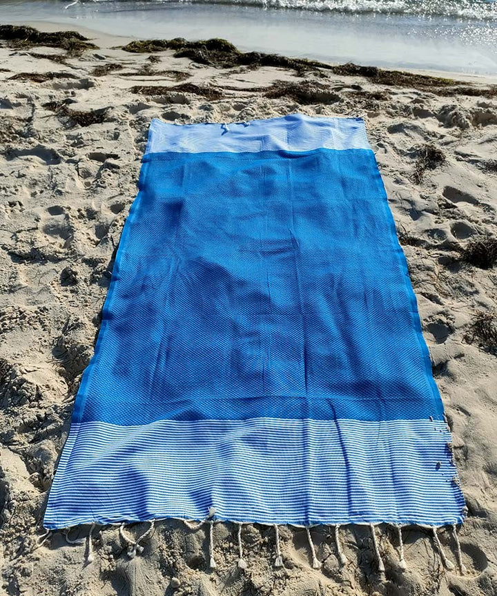 FOUTA NID D'ABEILLE Bleu électrique rayée blanc Fouta Tunisia - 4