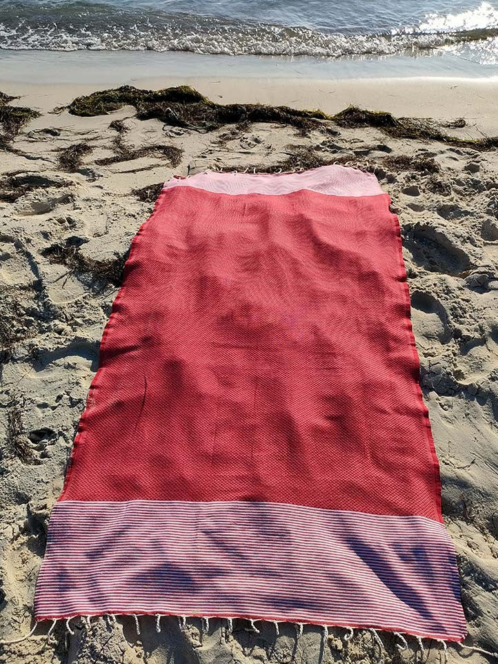 FOUTA NID D'ABEILLE Groseille rayée blanc Fouta Tunisia - 3