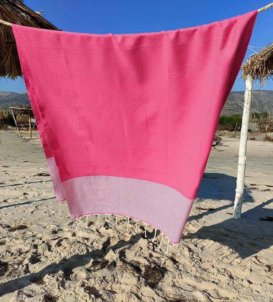 FOUTA NID D'ABEILLE Rose fraise rayée blanc Fouta Tunisia - 1