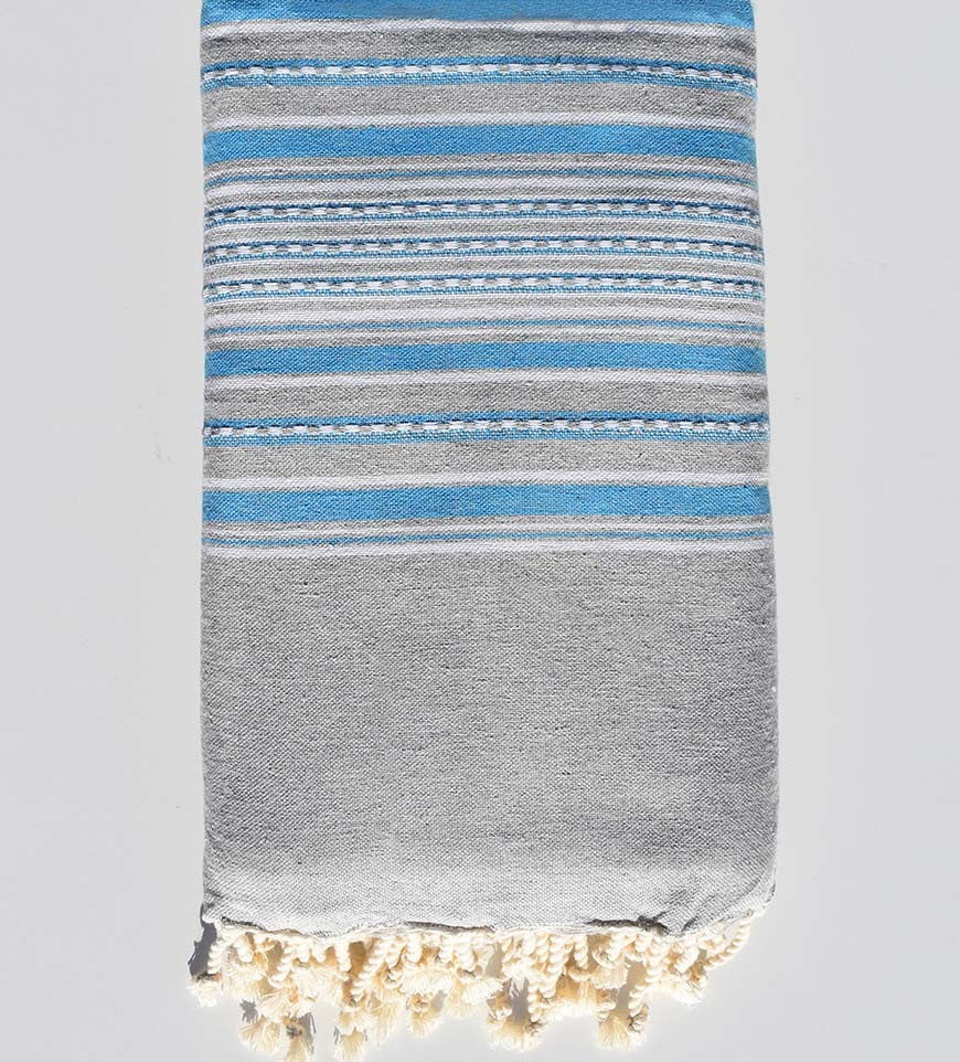 Jeté arabesque gris clair avec rayures bleu Fouta Tunisia - 1