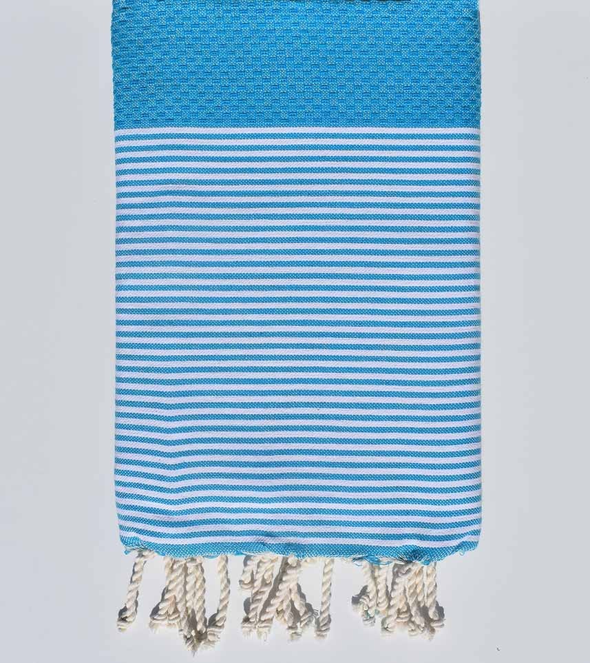 Fouta nid d'abeille bleu azur rayée blanc Fouta Tunisia - 1