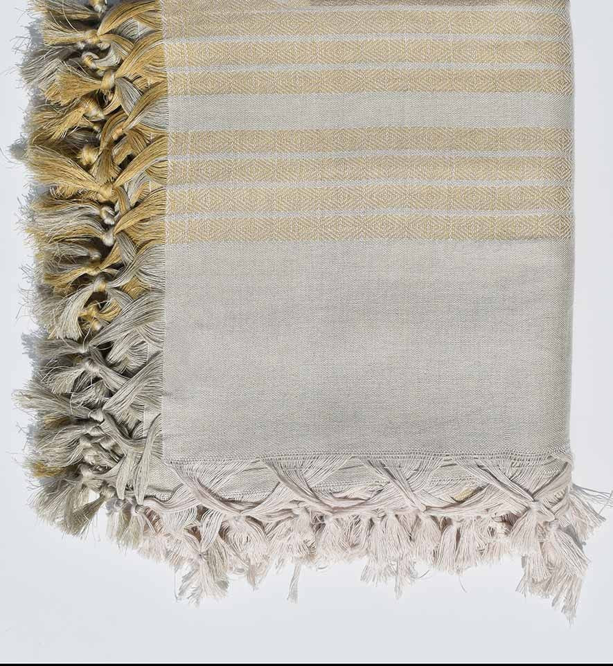 Jeté de canapé 4 franges vert de gris avec rayures écru 2.2m*2.8m Fouta Tunisia - 1