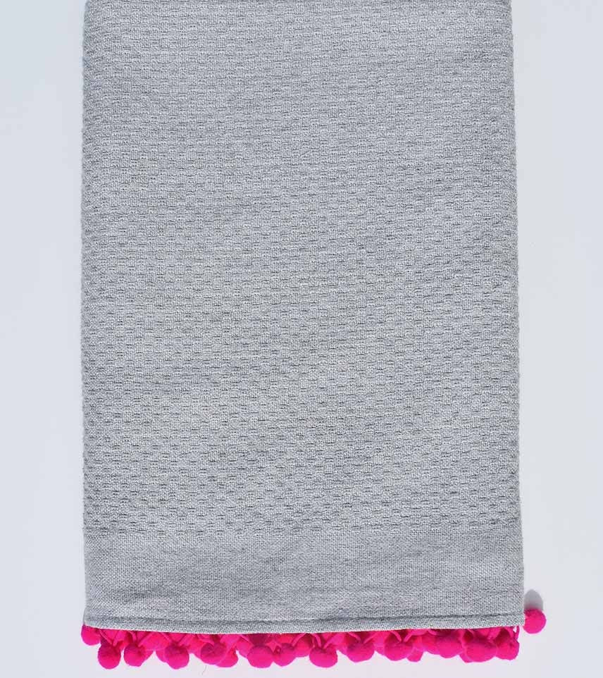Fouta gris en nid d'abeille unie avec pompons rose Fouta Tunisia - 1