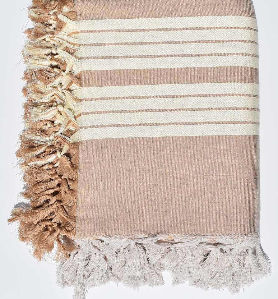 Jeté 4 franges blanc crème et grège avec rayures Fouta Tunisia - 1