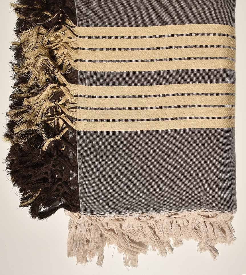 Jeté de canapé 4 franges marron avec rayures écru Fouta Tunisia - 2