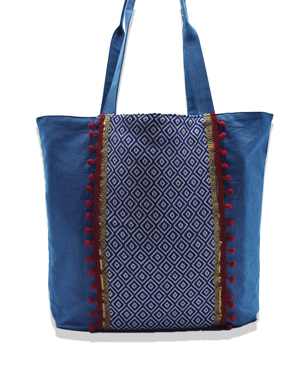 Sac Saint Tropez couleur bleu denim avec motifs en chevron bleu et pompons rouge Fouta Tunisia - 1