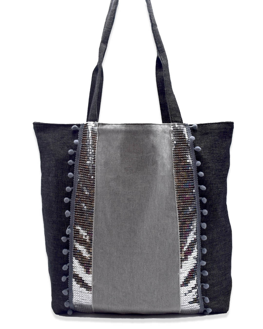 Sac Saint Tropez gris avec paillettes argenté Fouta Tunisia - 1