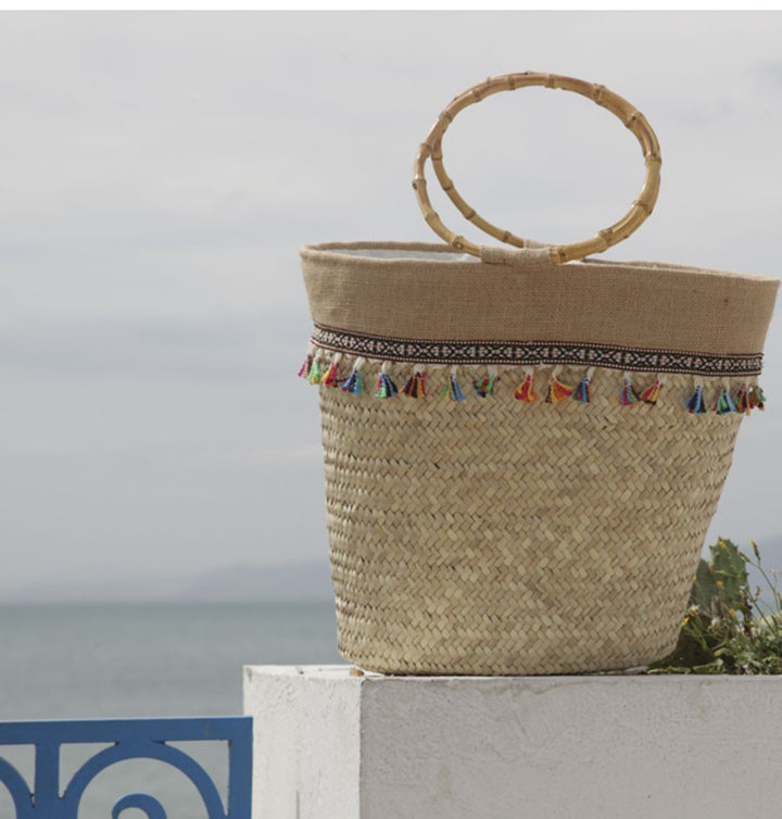 Couffin en palmier déco pompons Fouta Tunisia - 1