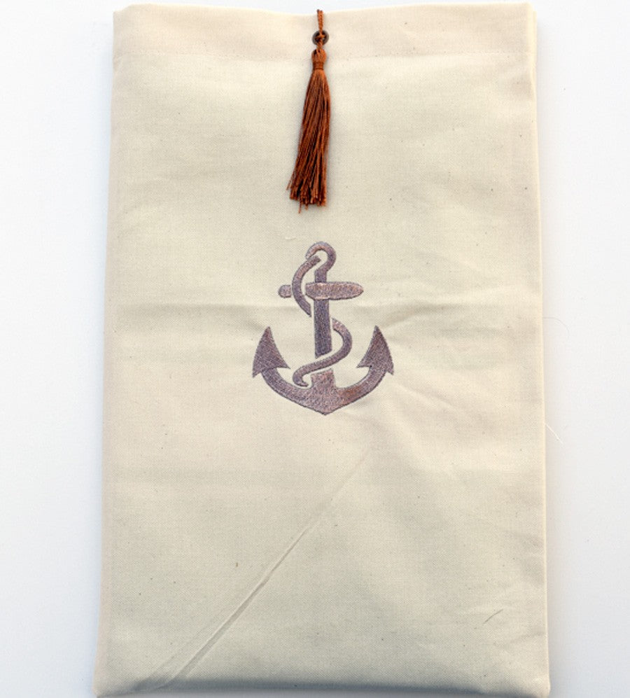 Pochette beige clair brodée motif ancre avec pompon rouille Fouta Tunisia - 1