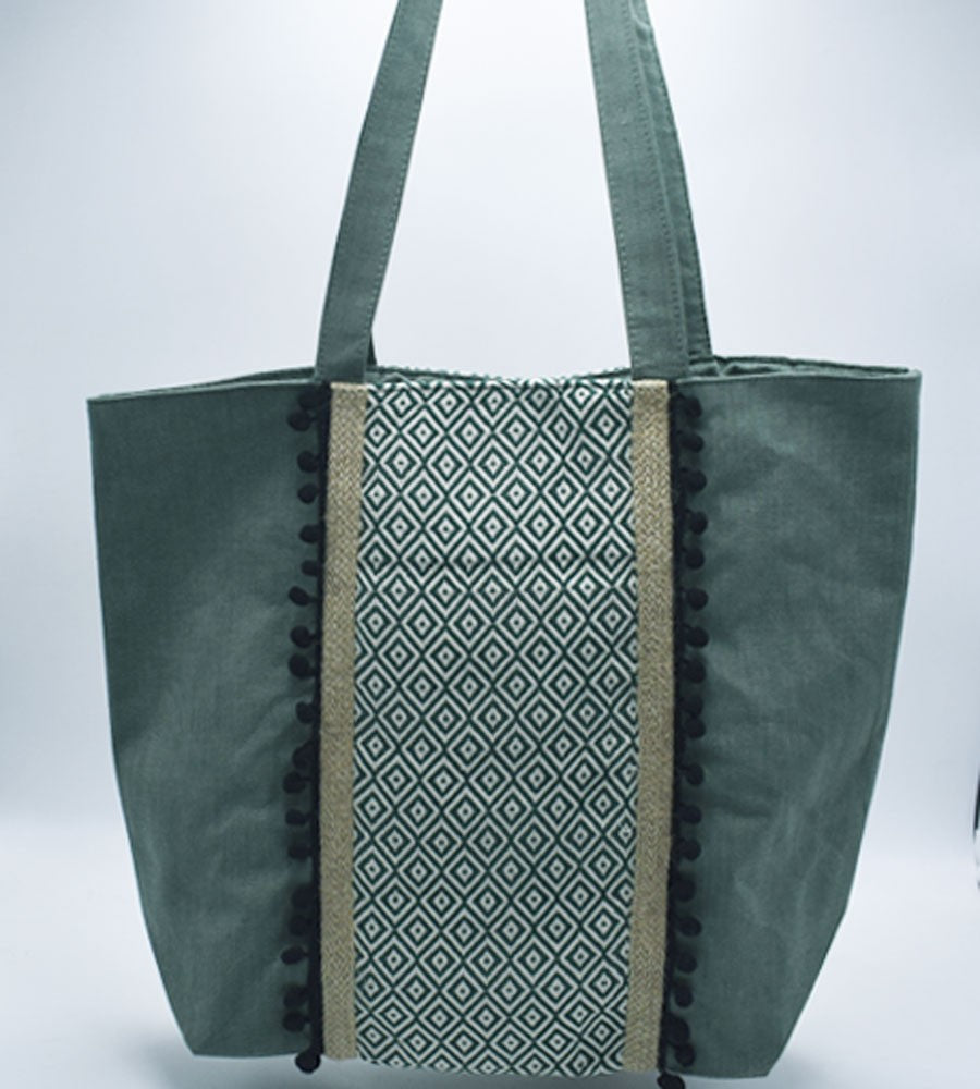 Sac Saint Tropez vert avec pompons noir Fouta Tunisia - 2