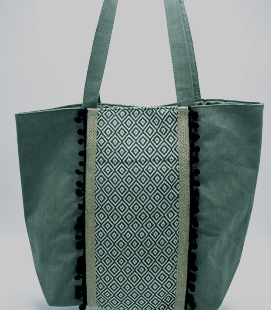 Sac Saint Tropez vert avec pompons noir Fouta Tunisia - 3