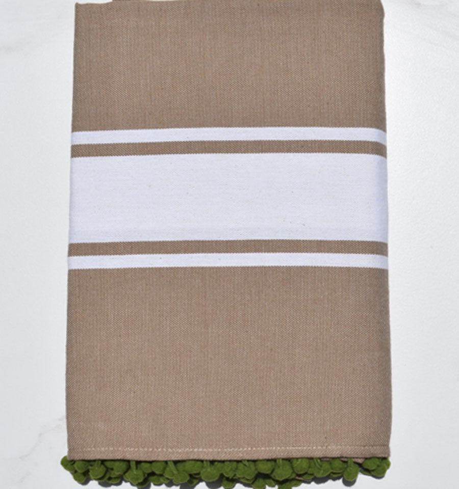 Fouta plate beige sépia avec pompons Fouta Tunisia - 1