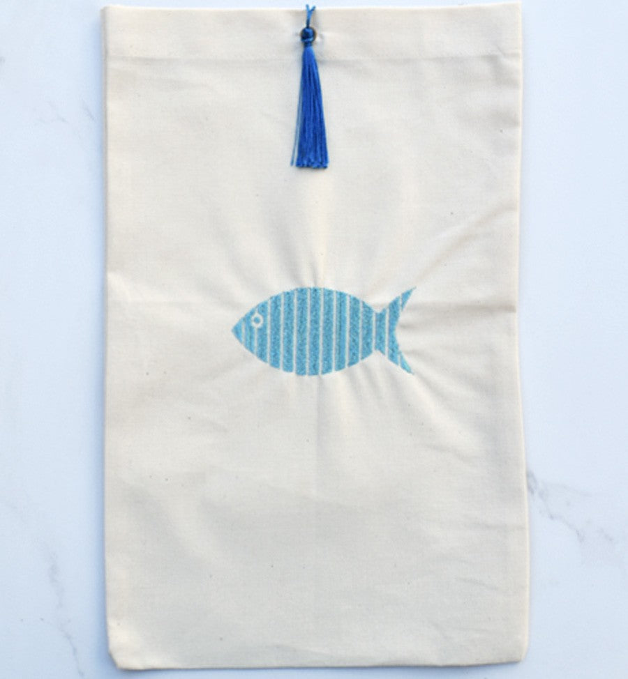 Pochette beige clair brodée poisson couleur mers du sud avec pompon Fouta Tunisia - 1