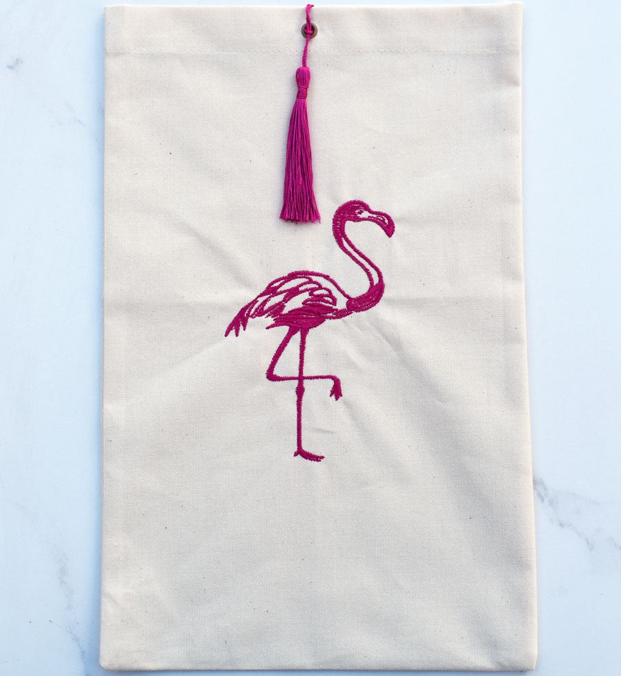 Pochette beige clair brodée flamant avec pompon rose Fouta Tunisia - 1