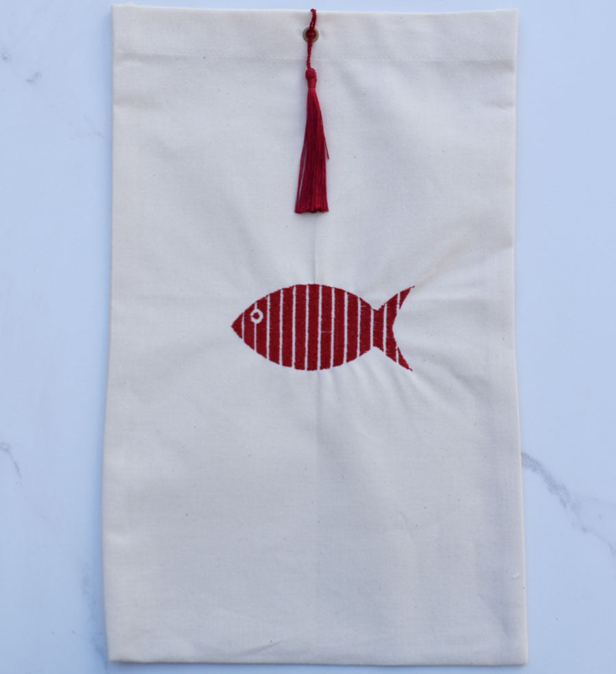 Pochette beige clair nœud pompon rouge brodée Fouta Tunisia - 1