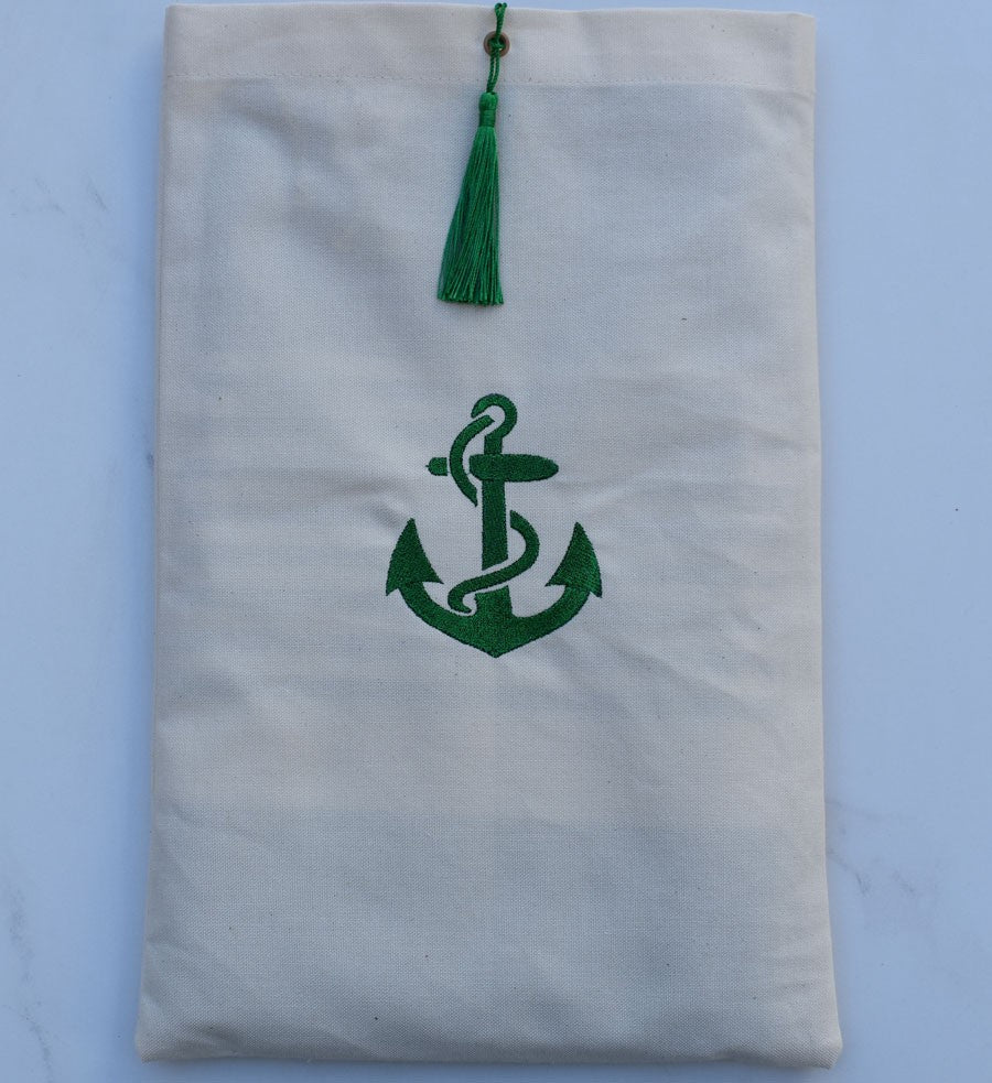 Pochette beige clair brodée motif ancre vert avec pompon Fouta Tunisia - 1