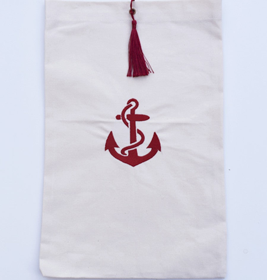 Pochette beige clair brodée motif ancre rouge avec pompon Fouta Tunisia - 1