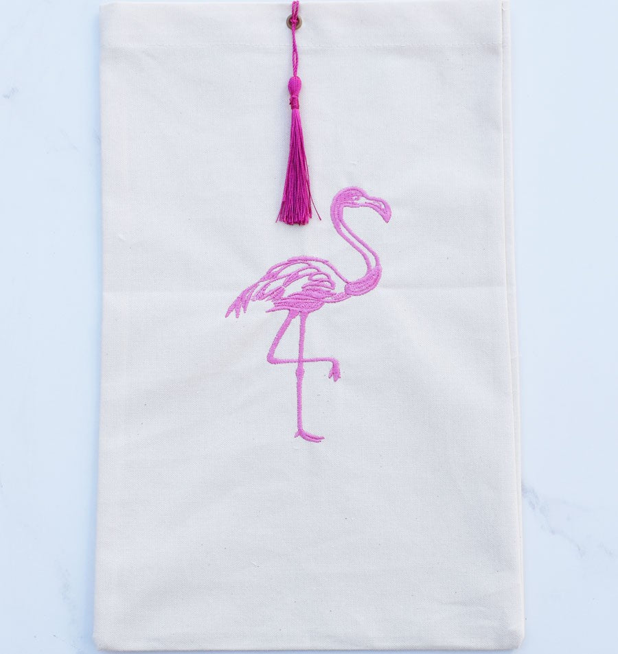 Pochette beige clair brodée , nœud pompon rose violacé Fouta Tunisia - 1