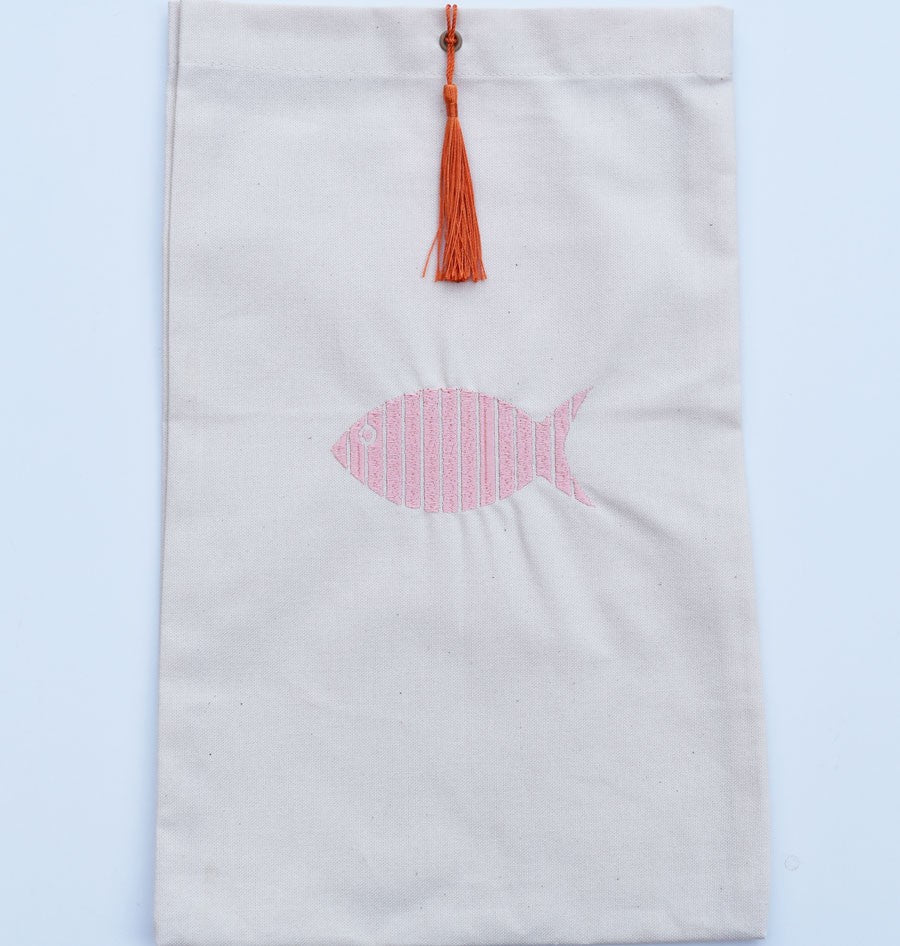 Pochette beige clair brodée avec pompon orange Fouta Tunisia - 1