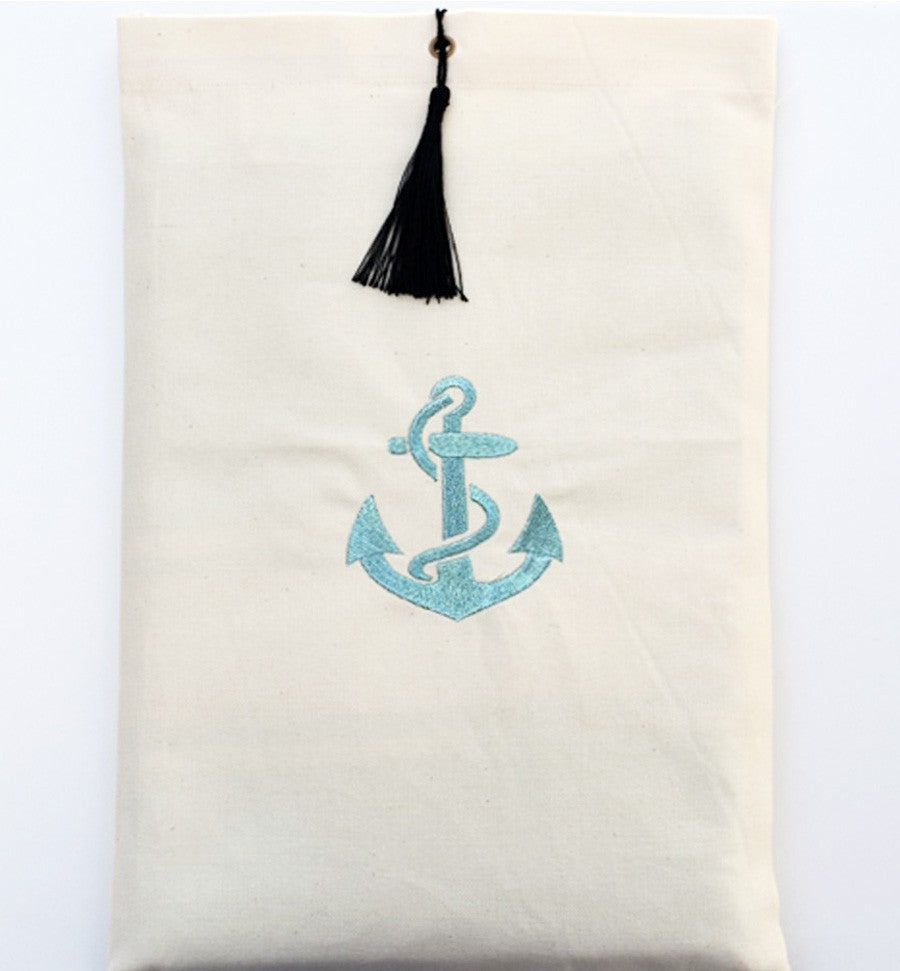 Pochette beige clair brodée motif ancre turquoise avec pompon Fouta Tunisia - 1