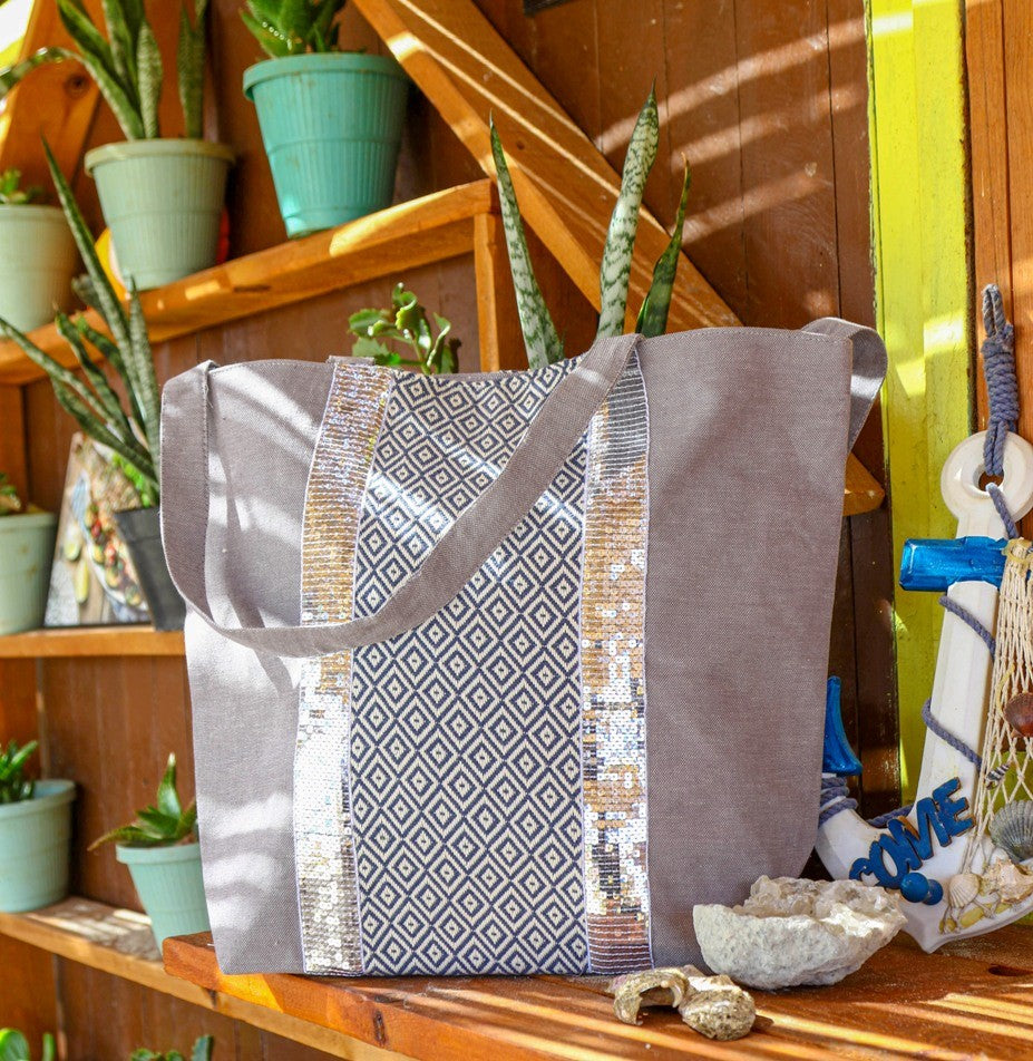 Sac Saint Tropez taupe motifs chevron Fouta Tunisia - 1