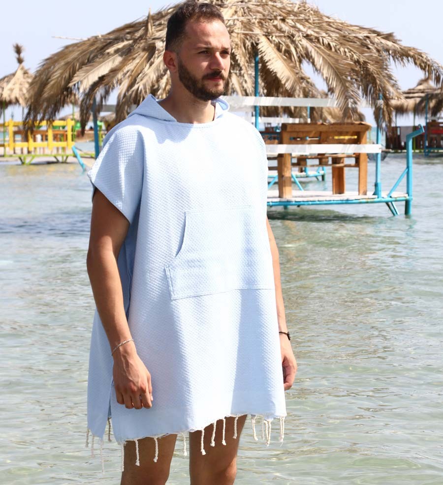 Poncho de plage bleu ciel Fouta Tunisia - 1