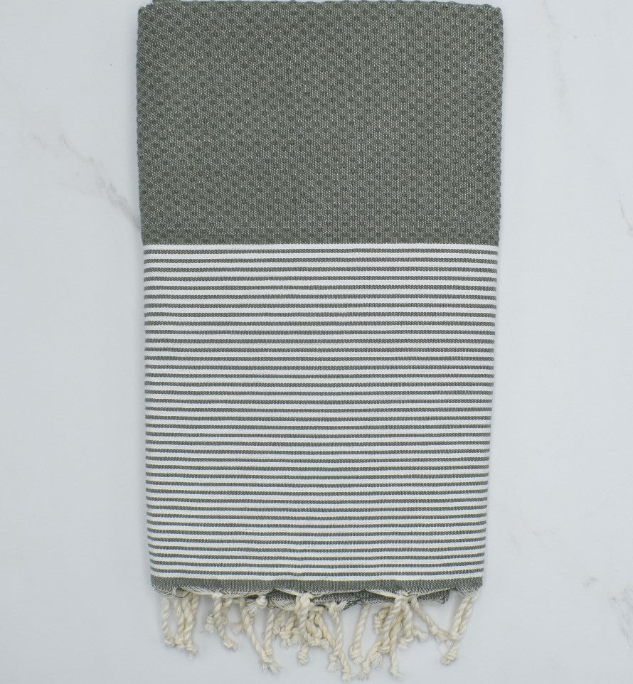FOUTA NID D'ABEILLE vert militaire rayée blanc Fouta Tunisia - 1