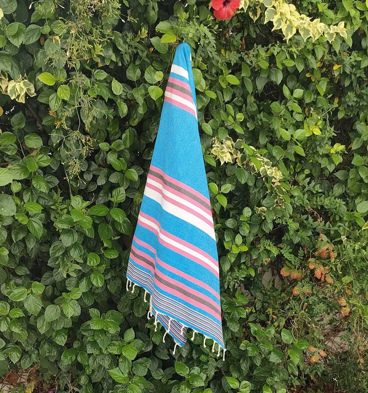 Fouta dina bleu céleste rayée rose et blanc Fouta Tunisia - 4