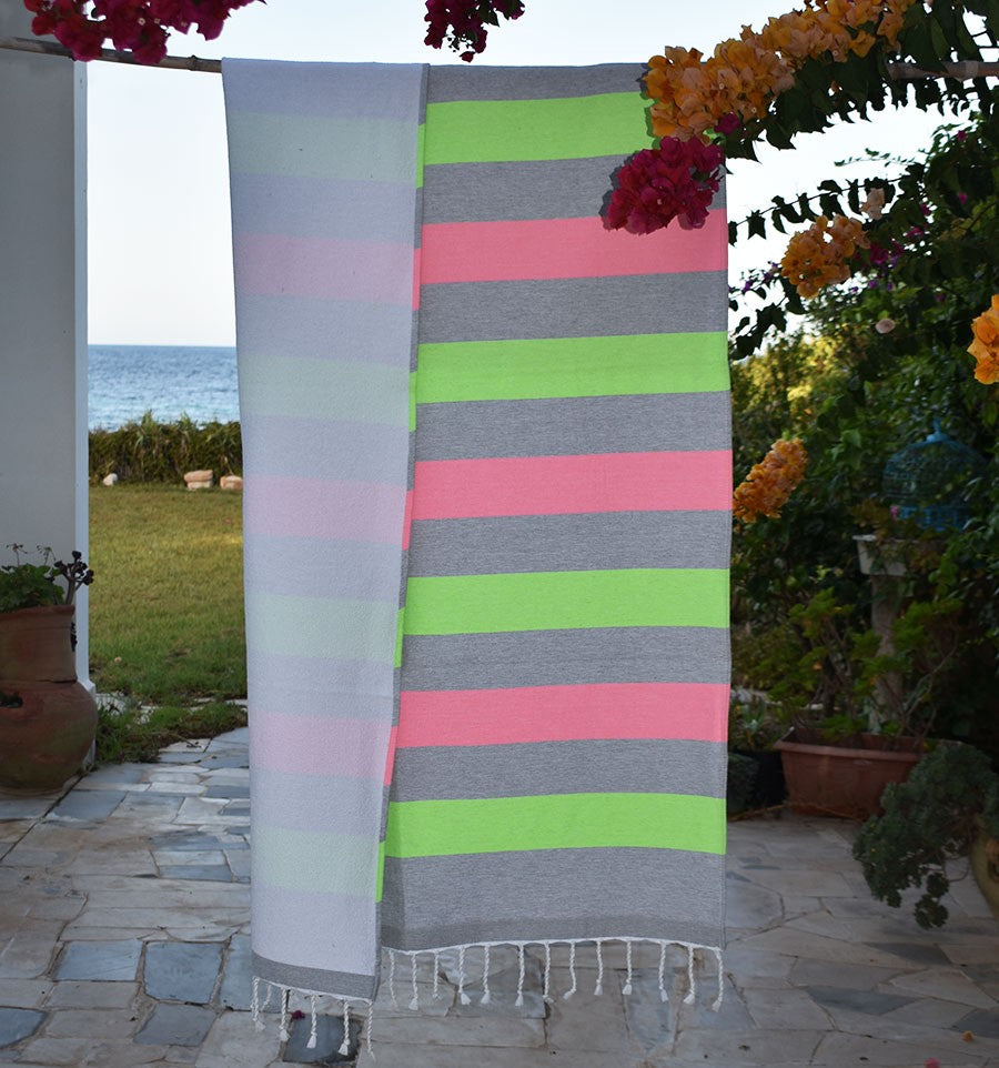 Fouta éponge voilier rose vif et vert fluo Fouta Tunisia - 2