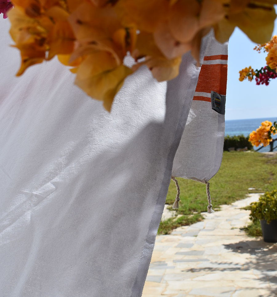 Fouta en Coton Recyclé blanche avec bandes orange Fouta Tunisia - 2