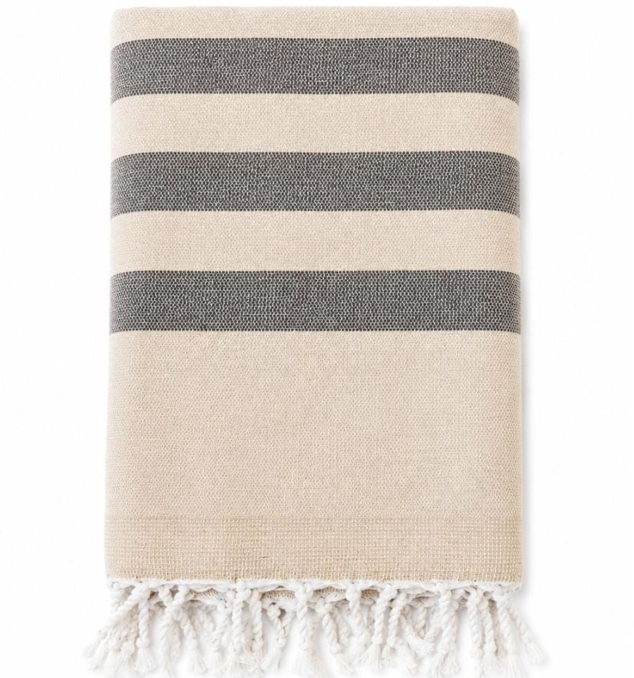 Fouta rayée beige et taupe doublée éponge