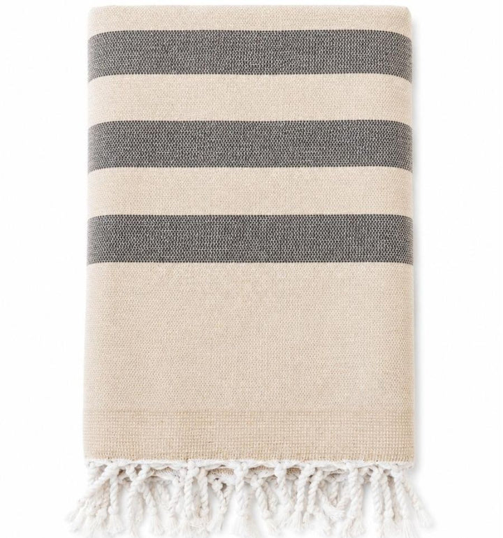 Fouta rayée beige et taupe doublée éponge