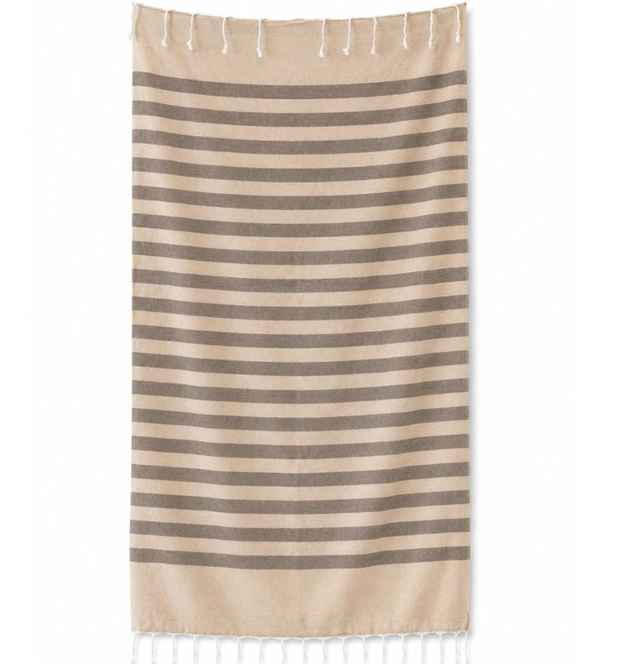 Fouta rayée beige et taupe doublée éponge