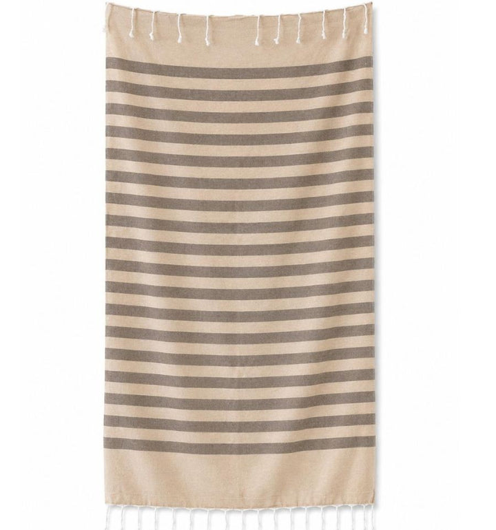 Fouta rayée beige et taupe doublée éponge