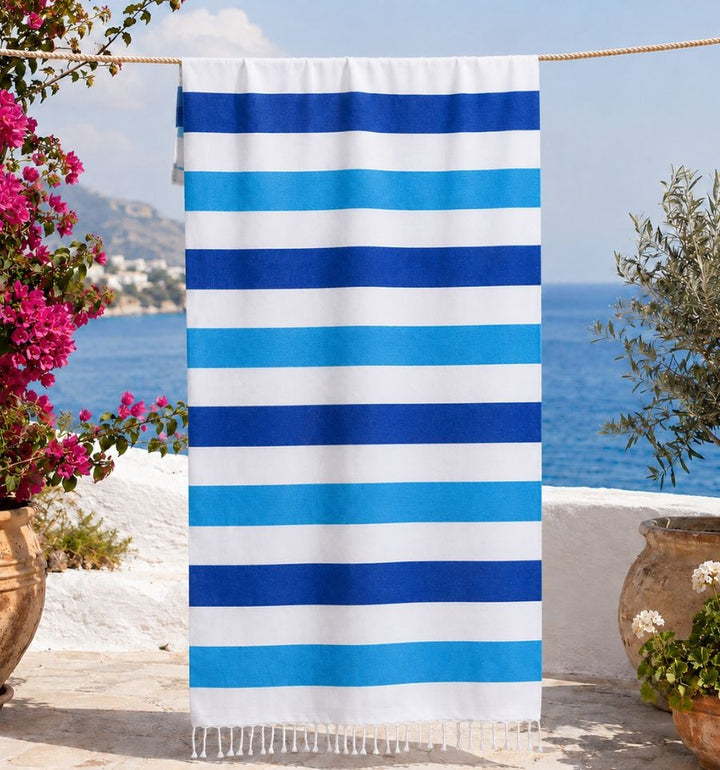 Fouta bleu et bleu azur doublée éponge