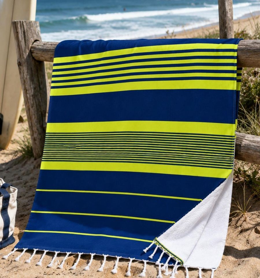 Fouta bleu roi et jaune fluo doublée éponge