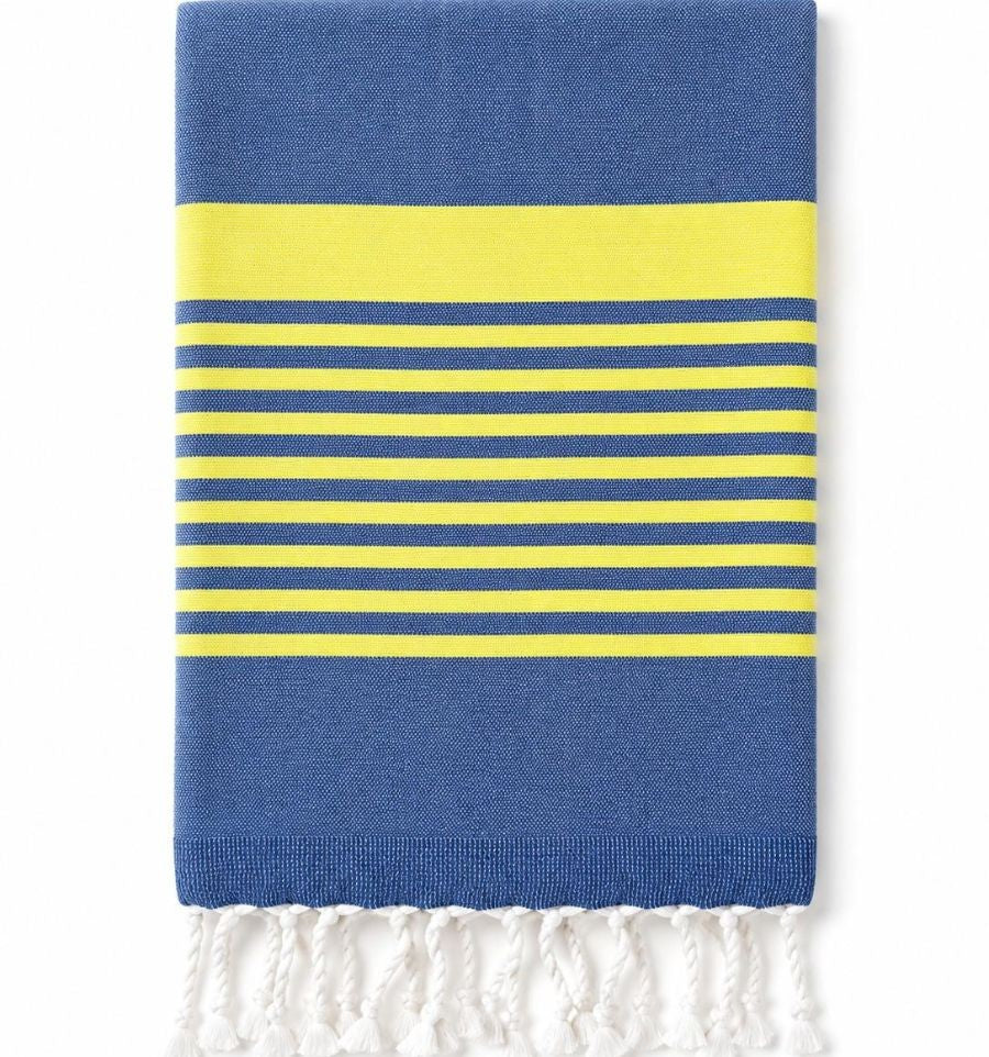 Fouta bleu roi et jaune fluo doublée éponge