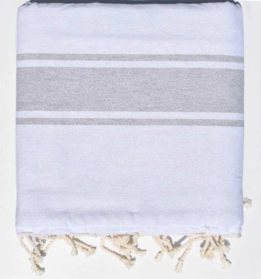 Fouta blanche à bandes gris clair doublée éponge gris