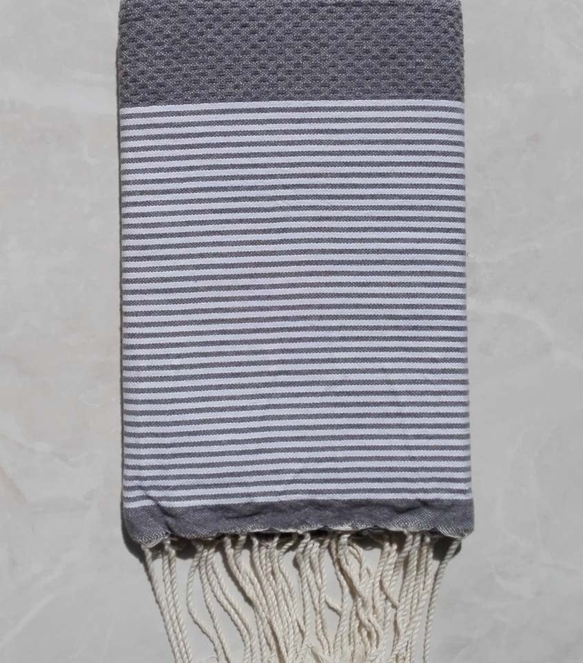 FOUTA NID D'ABEILLE gris rayée blanc 