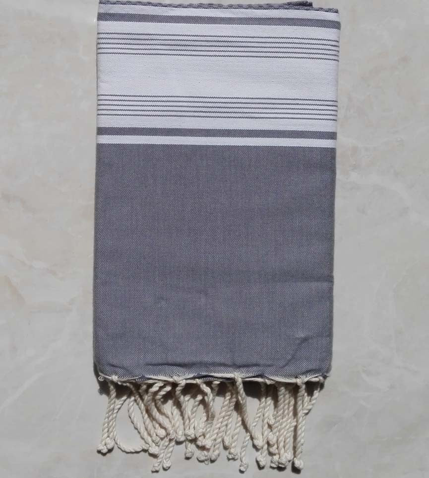 Fouta nid d'abeille gris et blanc avec rayures 