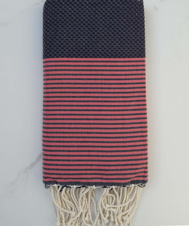 Fouta nid d'abeille bleu violet rayée rose fraise 