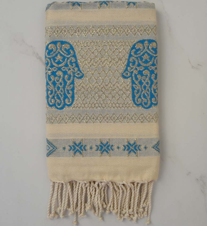 khomsa bleu azur au fil lurex doré 