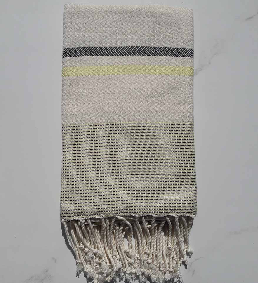Fouta Chevron blanc crème, gris taupe et jaune fluo 