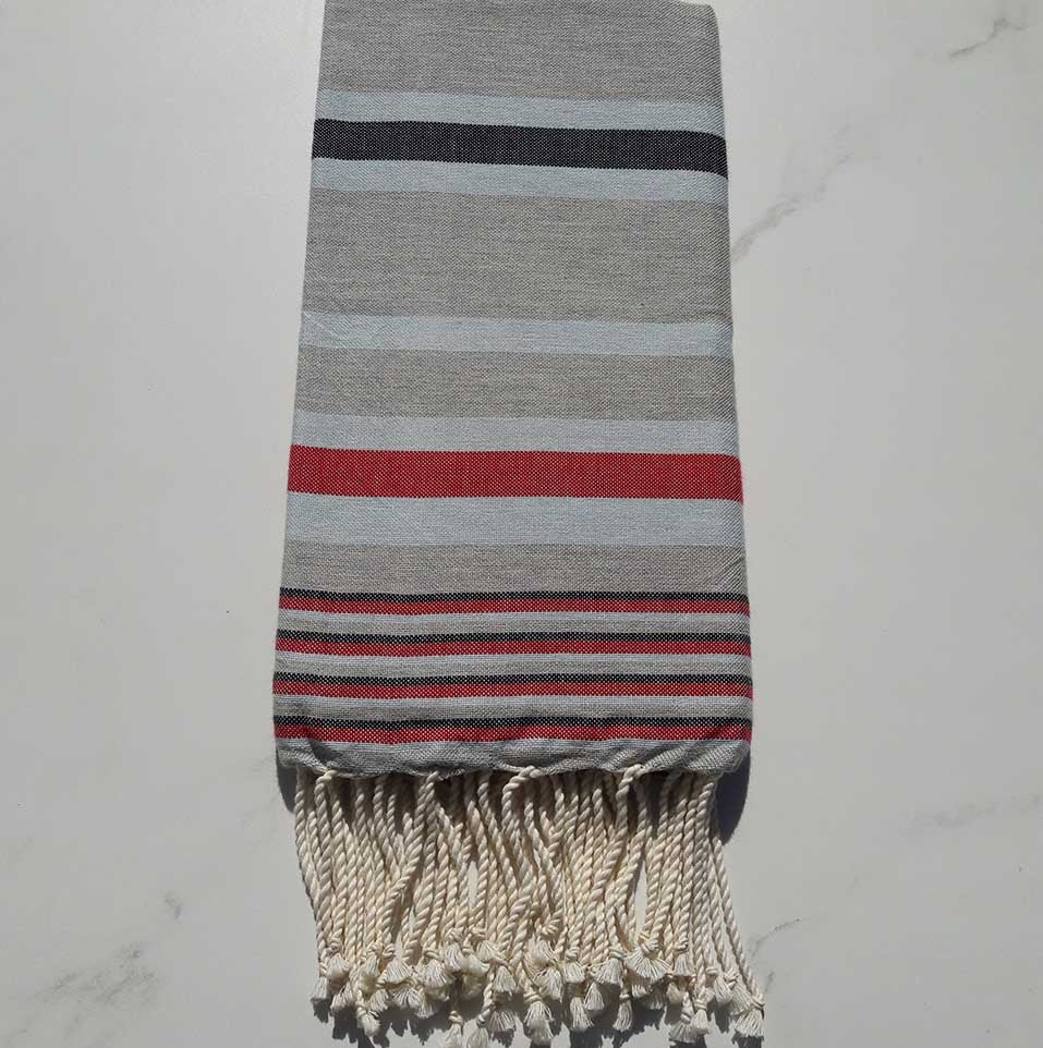 Fouta Dina gris rayée bleu ciel, anthracite et rouge 