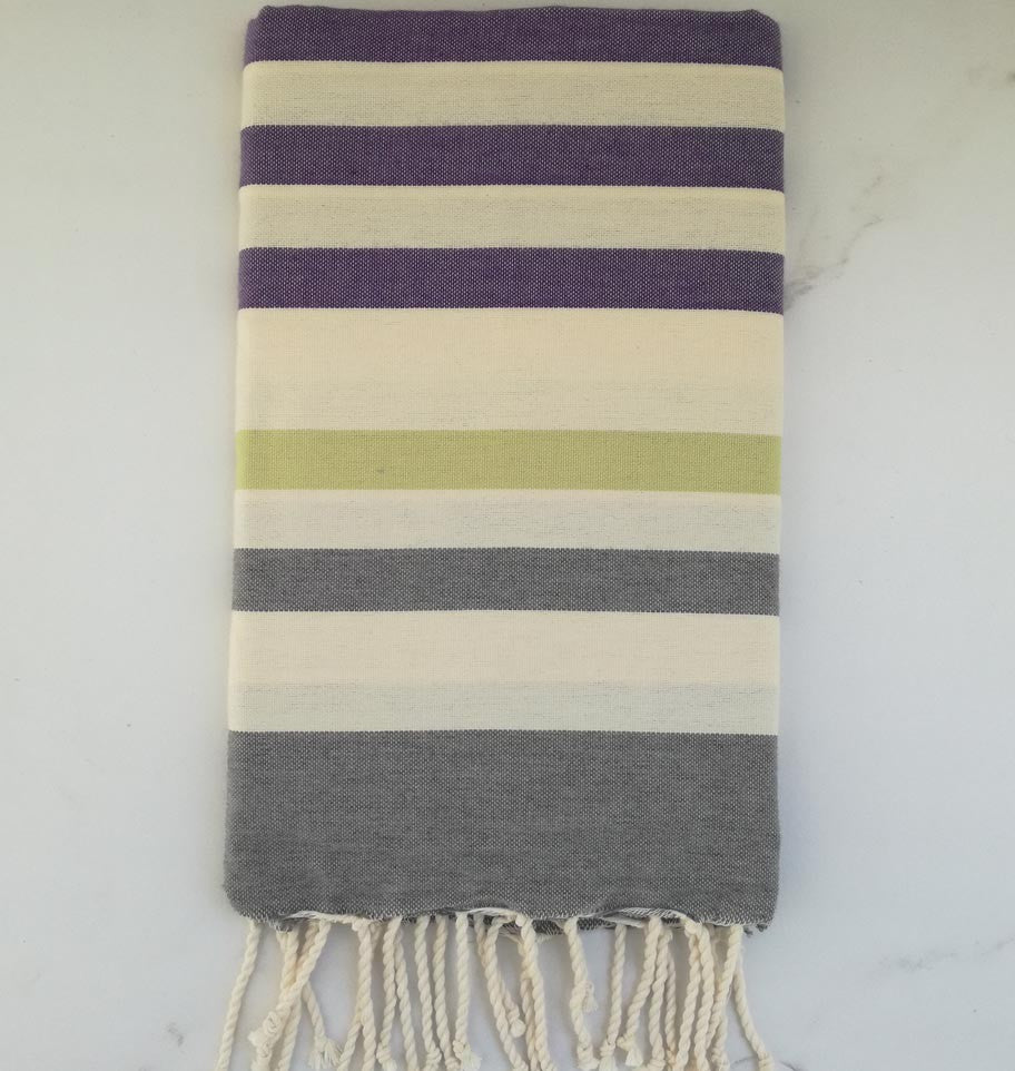 Fouta mauve, vert, gris et blanc crème 