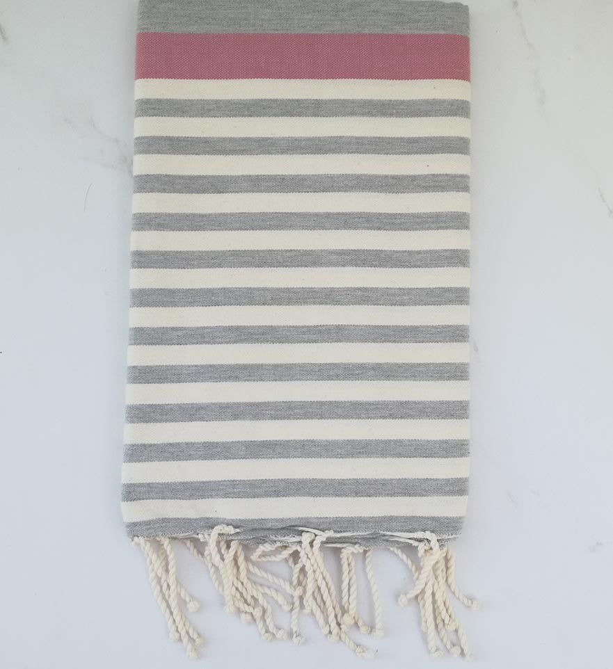 Fouta rose, gris et blanc crème 