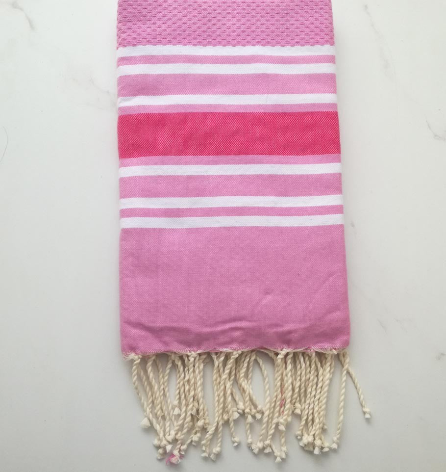 Fouta nid d'abeille rose clair rayée rose foncé 