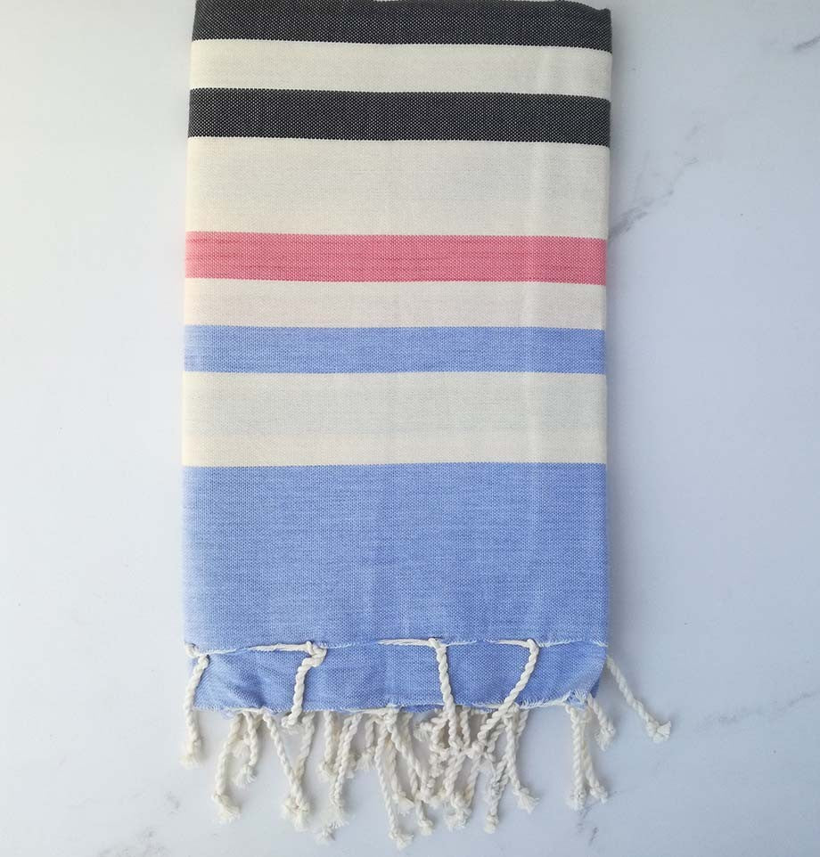 Fouta bleu, gris anthracite , blanc crème et rose 
