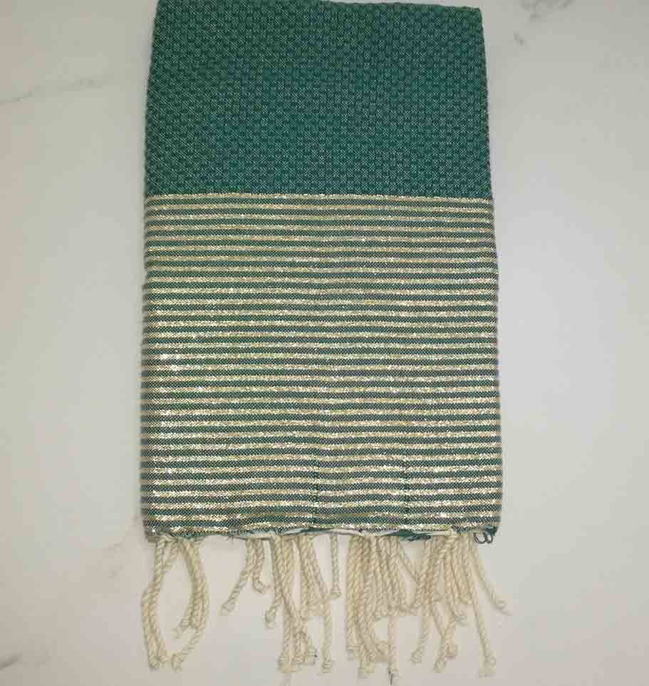Fouta Lurex nid d'abeille vert au fil lurex doré 